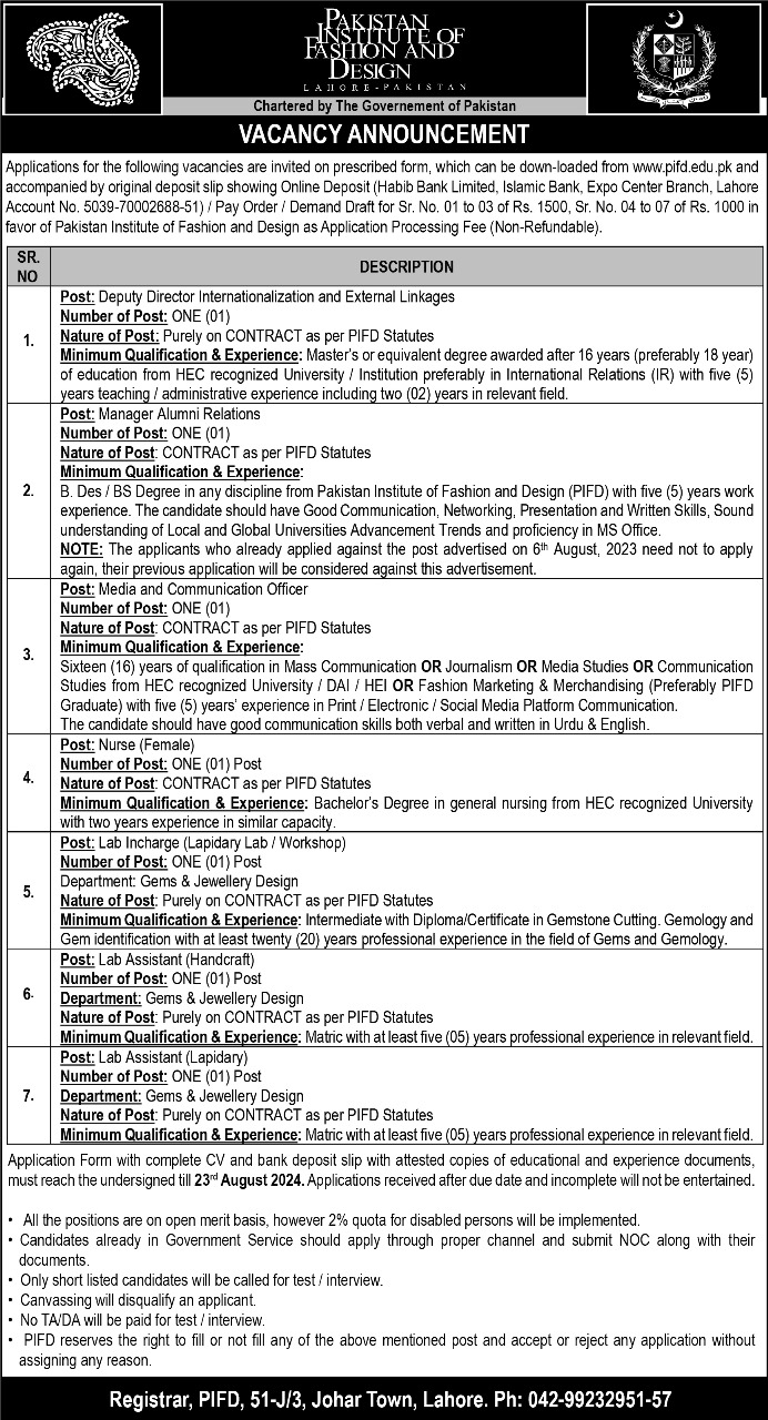 PIFD Lahore Jobs 2024